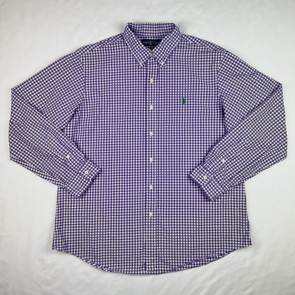 Ralph Lauren Blue Label XL Custom Fit Purple White Plaid Pony Button Down Shirt